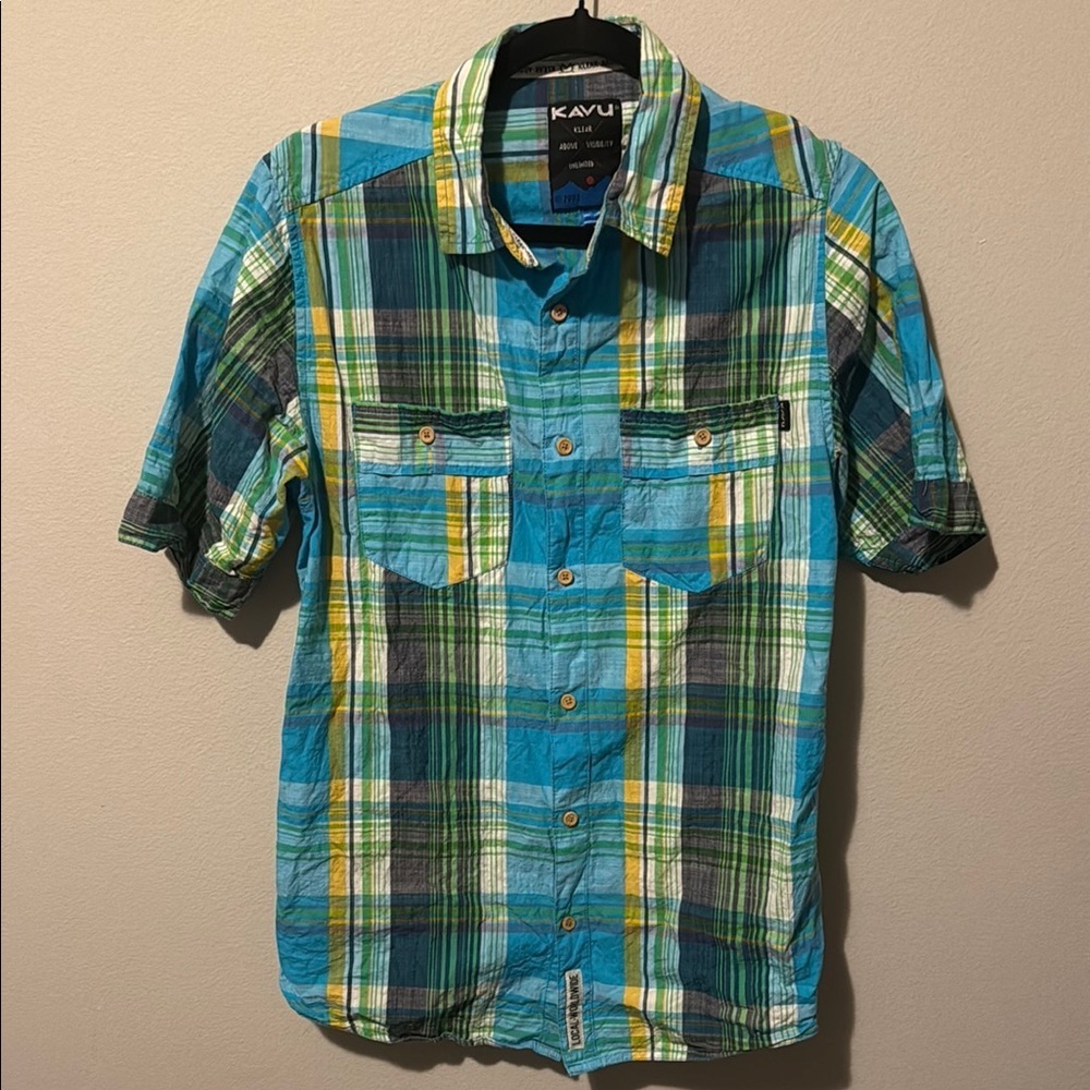 KAVU Plaid Mens Sm Multicolor Short Sleeve Button Up Hiking Athletic Blue